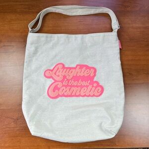 Benefits Canvas Tote Bag Laughter is The Best Cosmetic Cream Pink Embroidered